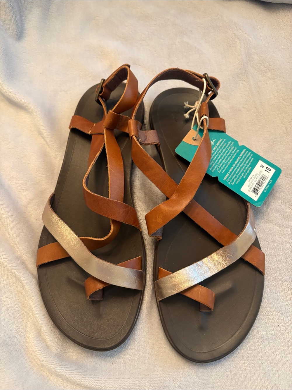 OluKai Tan and Metallic Strappy Leather Sandals